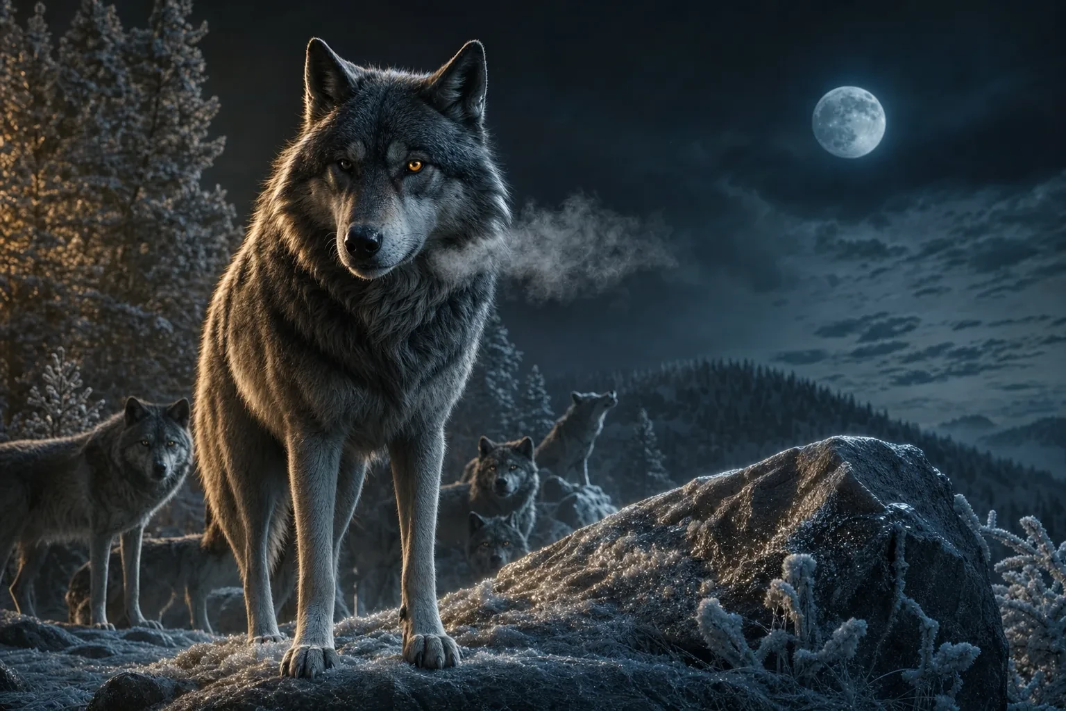 Wolf in het maanlicht boven een donker bos